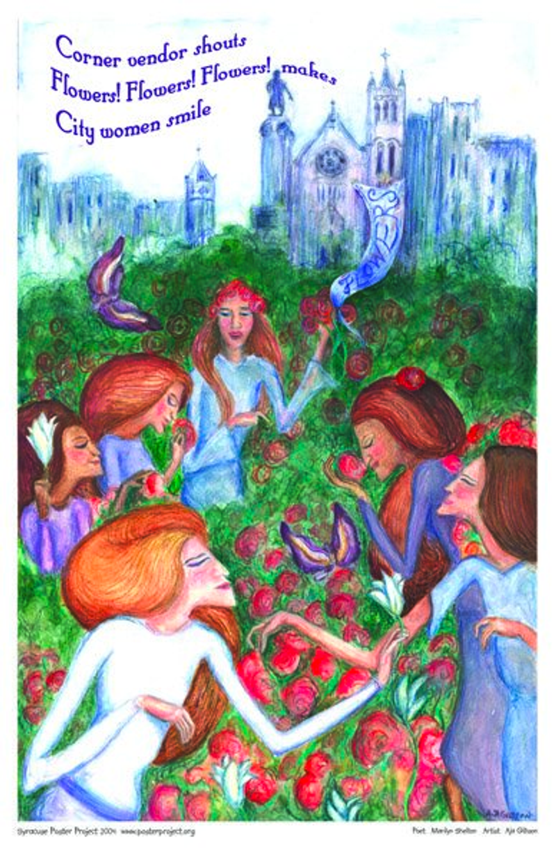 Women browse a garden of flowers against a background of a city skyline