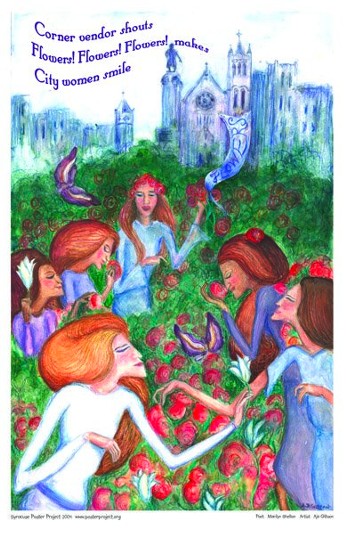 Corner vendor shouts
Flowers! Flowers! Flowers! Makes
City women smile Women browse a garden of flowers against a background of a city skyline