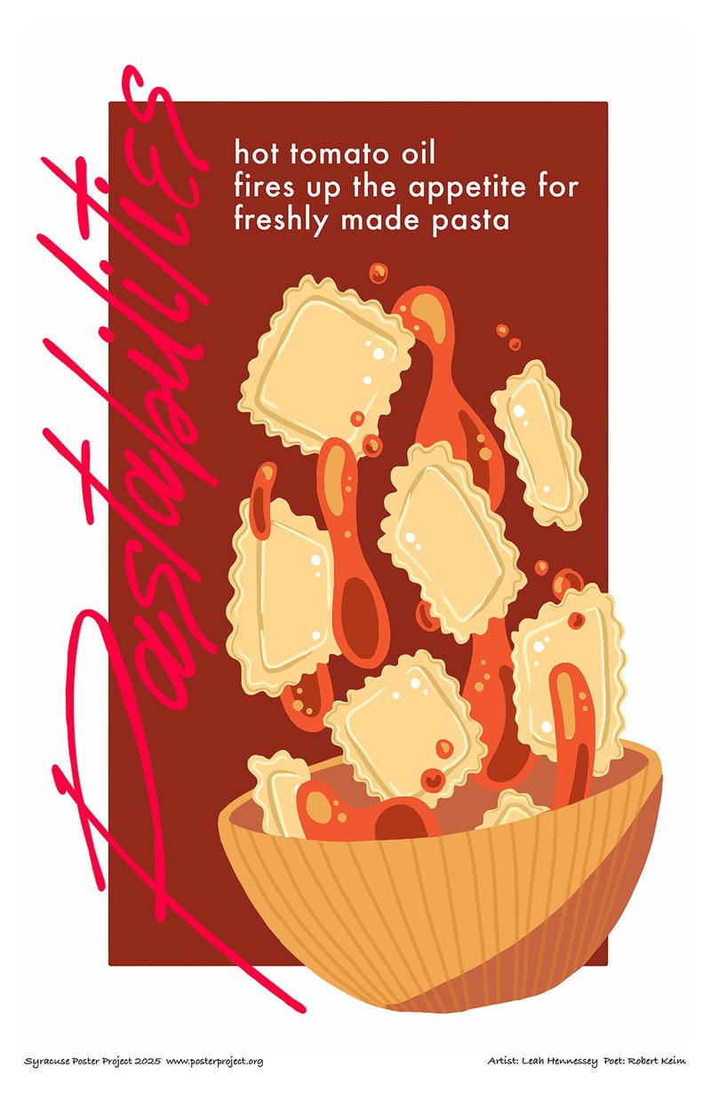 A bowl of ravioli and hot tomato oil being tossed