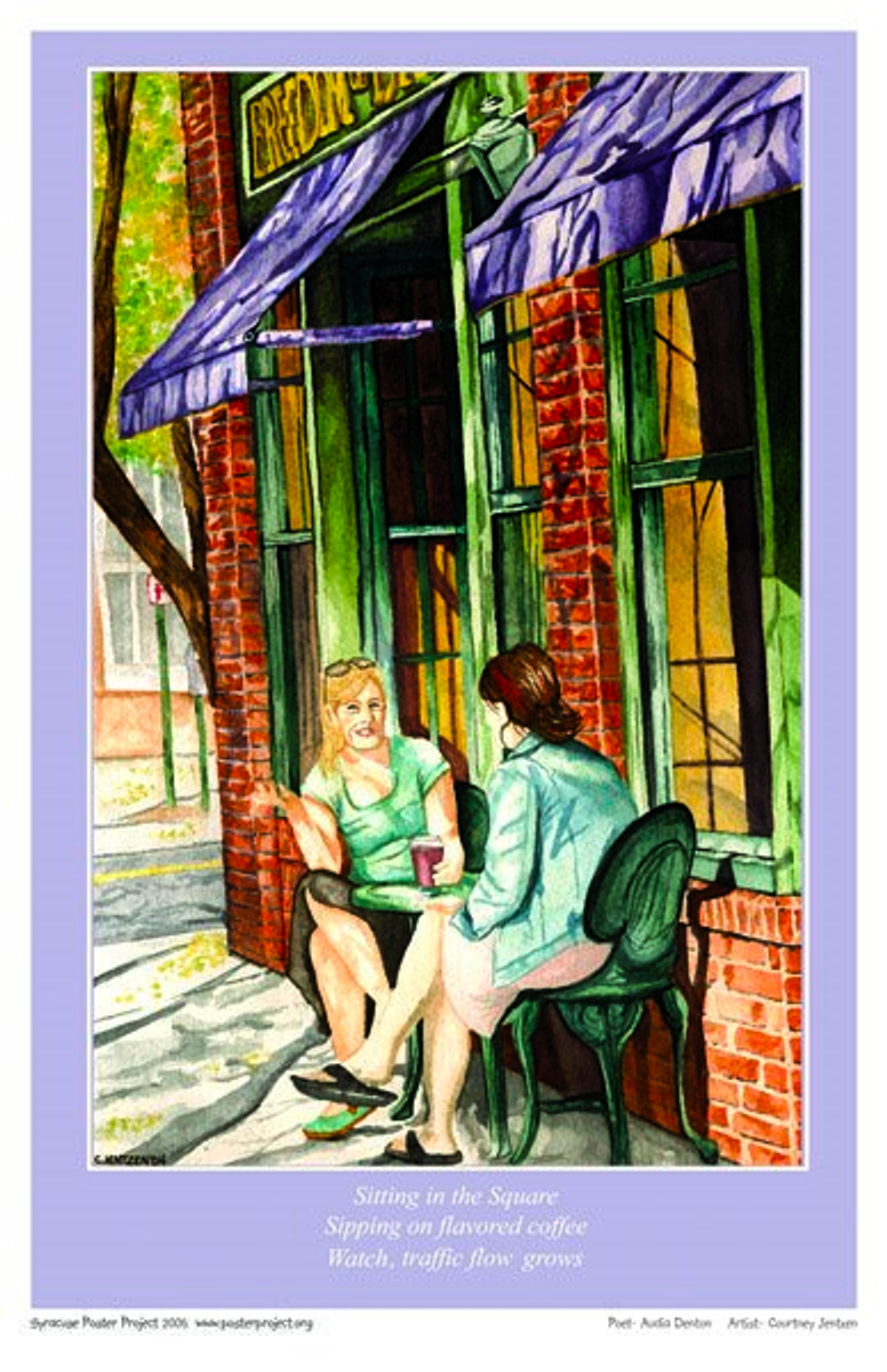 Two woman talk and drink coffee at a small table on the sidewalk outside a coffee shop