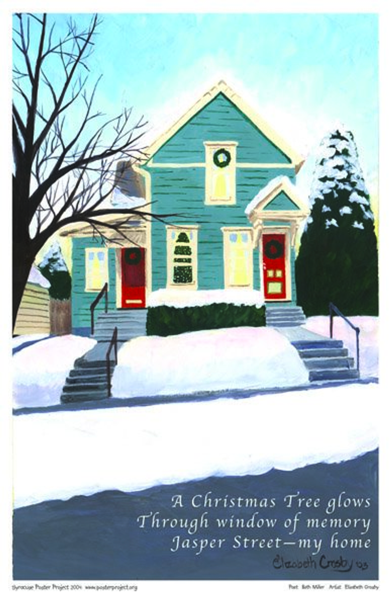 A house with a Christmas tree in its front window and snow covering the ground outside