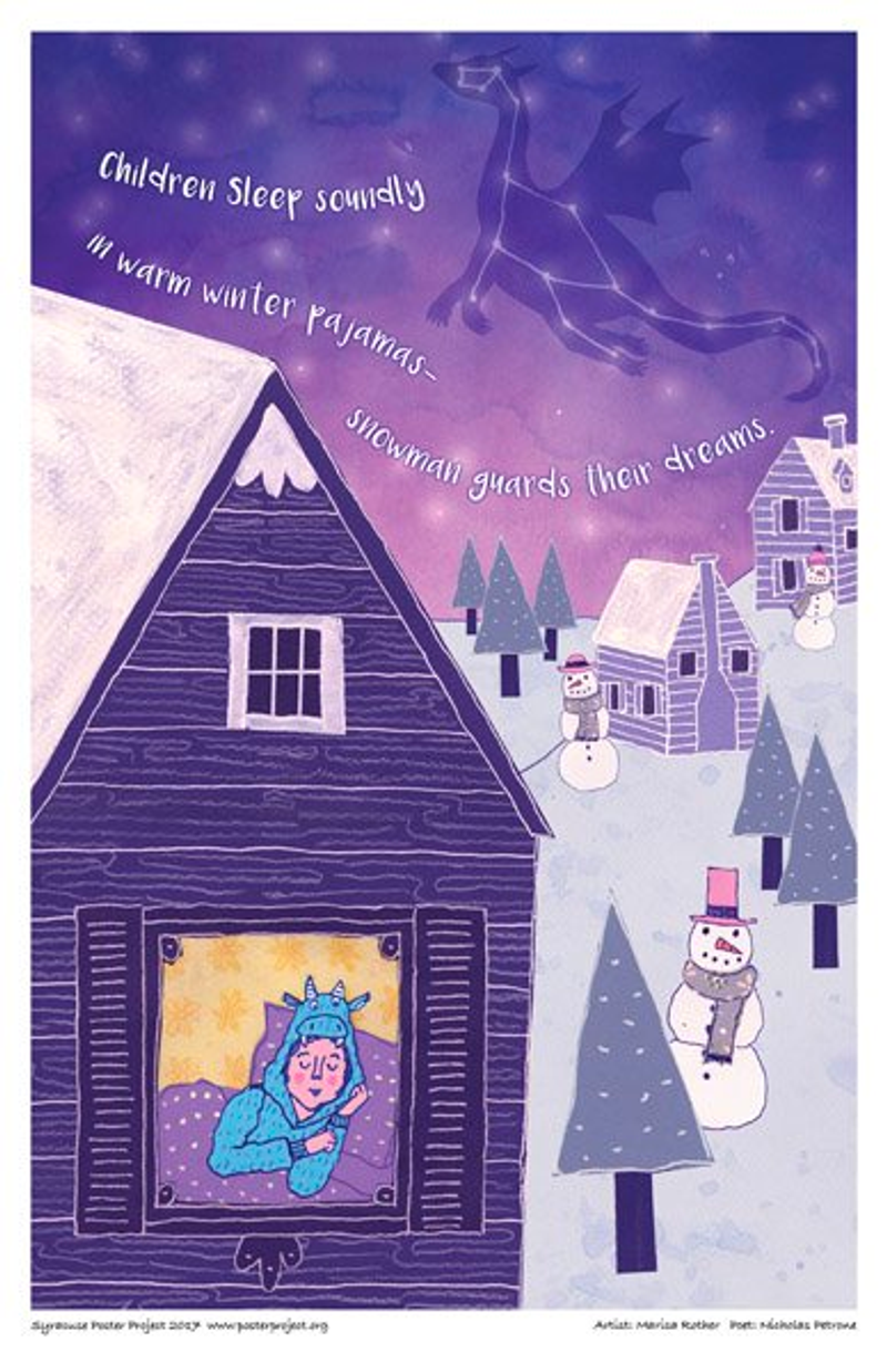A child is seen through a bedroom window sleeping while outside snowmen and trees dot the landscape beneath a dragon-shaped constellation