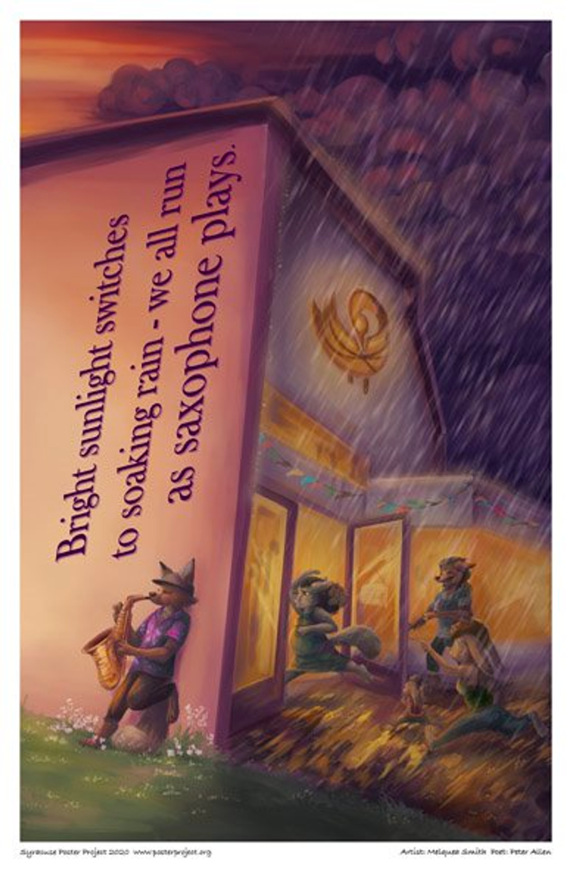 An anthropomorphized fox playing saxophone against the side of a building as a sudden rain sends others inside for shelter