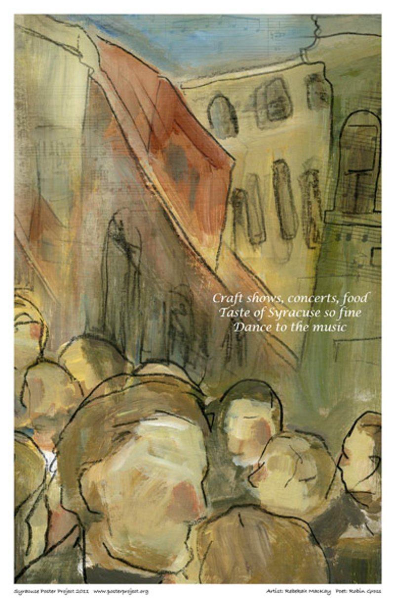 A crowd of faceless people at an city festival 