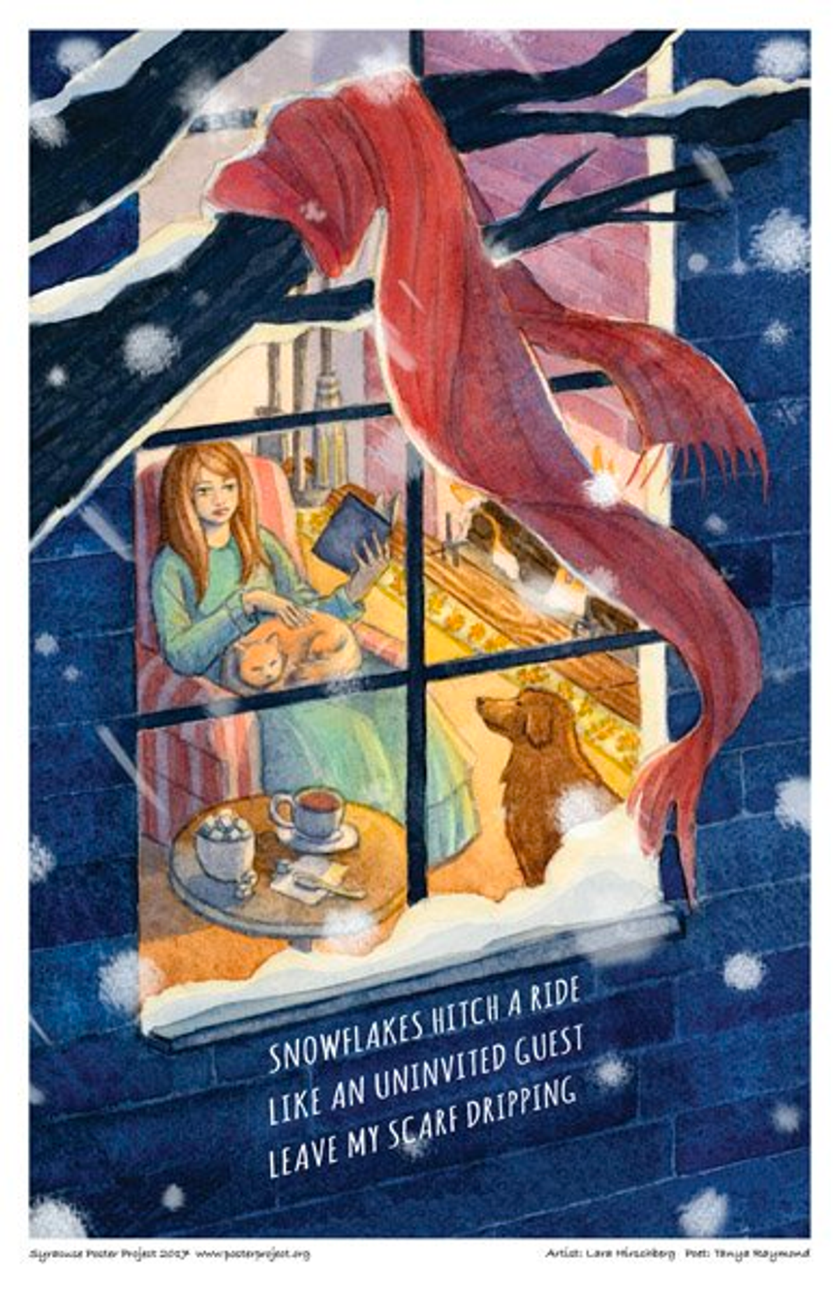 Snowflakes hitch a ride
Like an uninvited guest
Leave my scarf dripping A red scarf on a tree limb blows in the snowy wind in front of a window where a woman, cat and dog are seen inside
