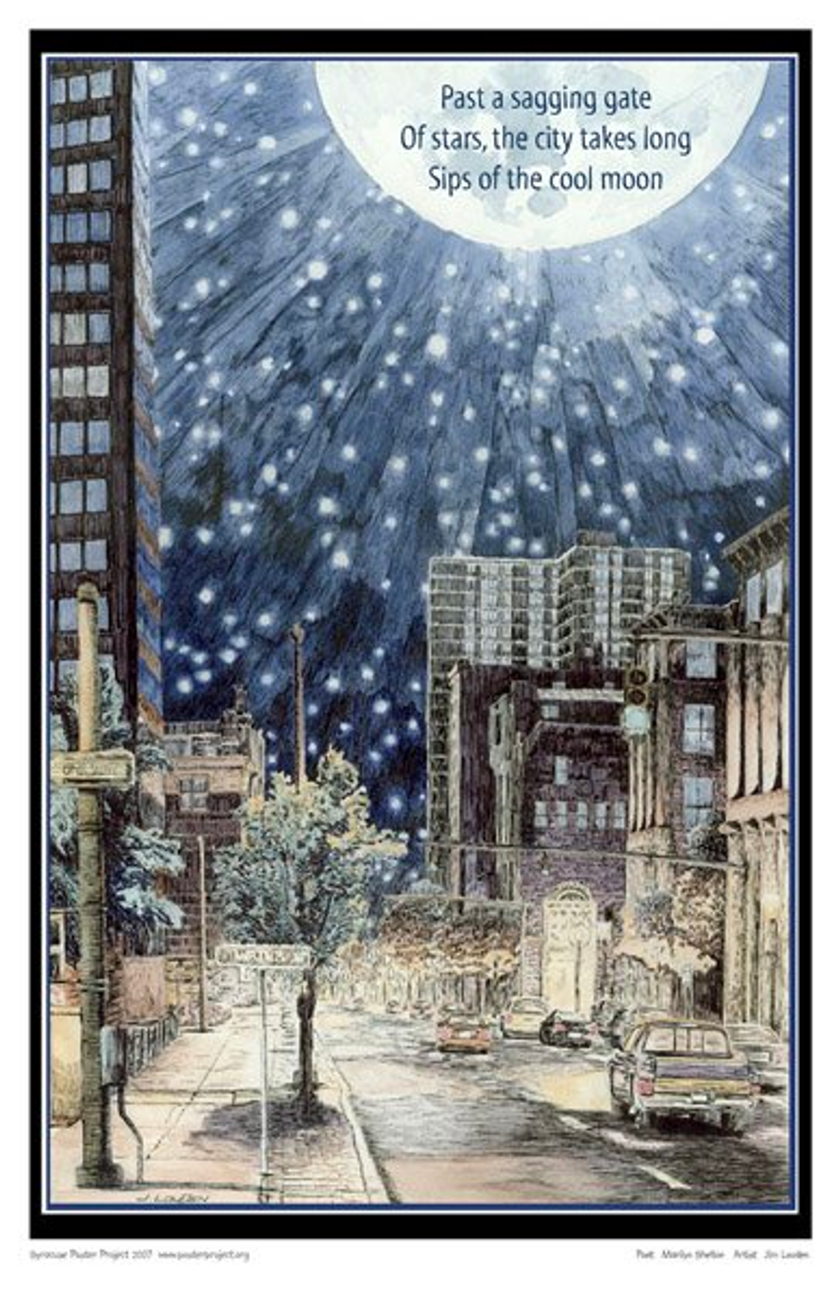 Stars and a large moon light a nighttime city street below