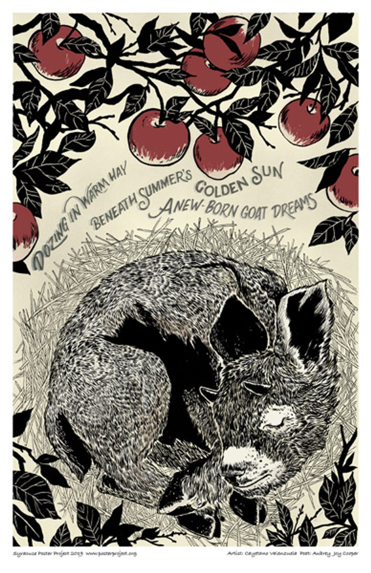 Dozing in warm hay
beneath summer's golden sun
a new—born goat dreams. A baby goat sleeps surrounded by leaves and apples