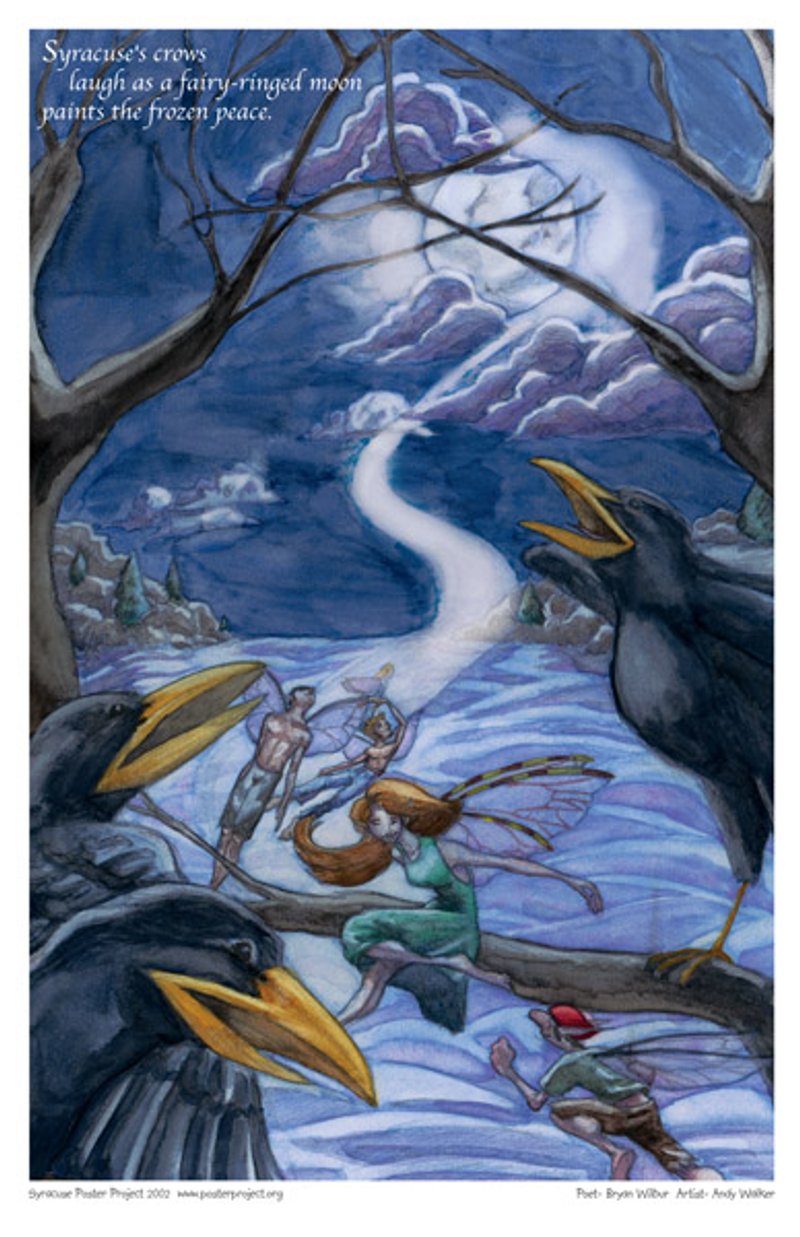 Fairies fly around a trio of laughing crows beneath a full moon