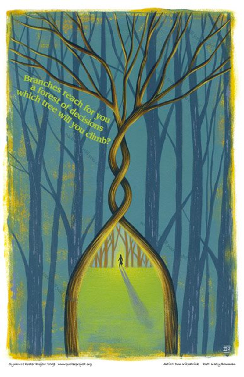 The silhouette of a distant figure walking among a forest of tall trees