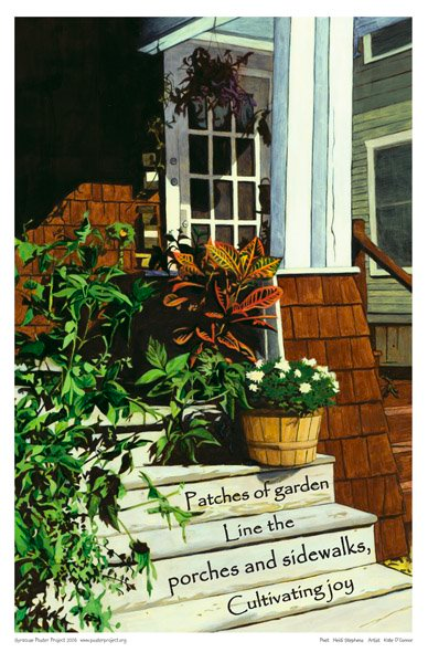 House porch steps decorated with garden plants