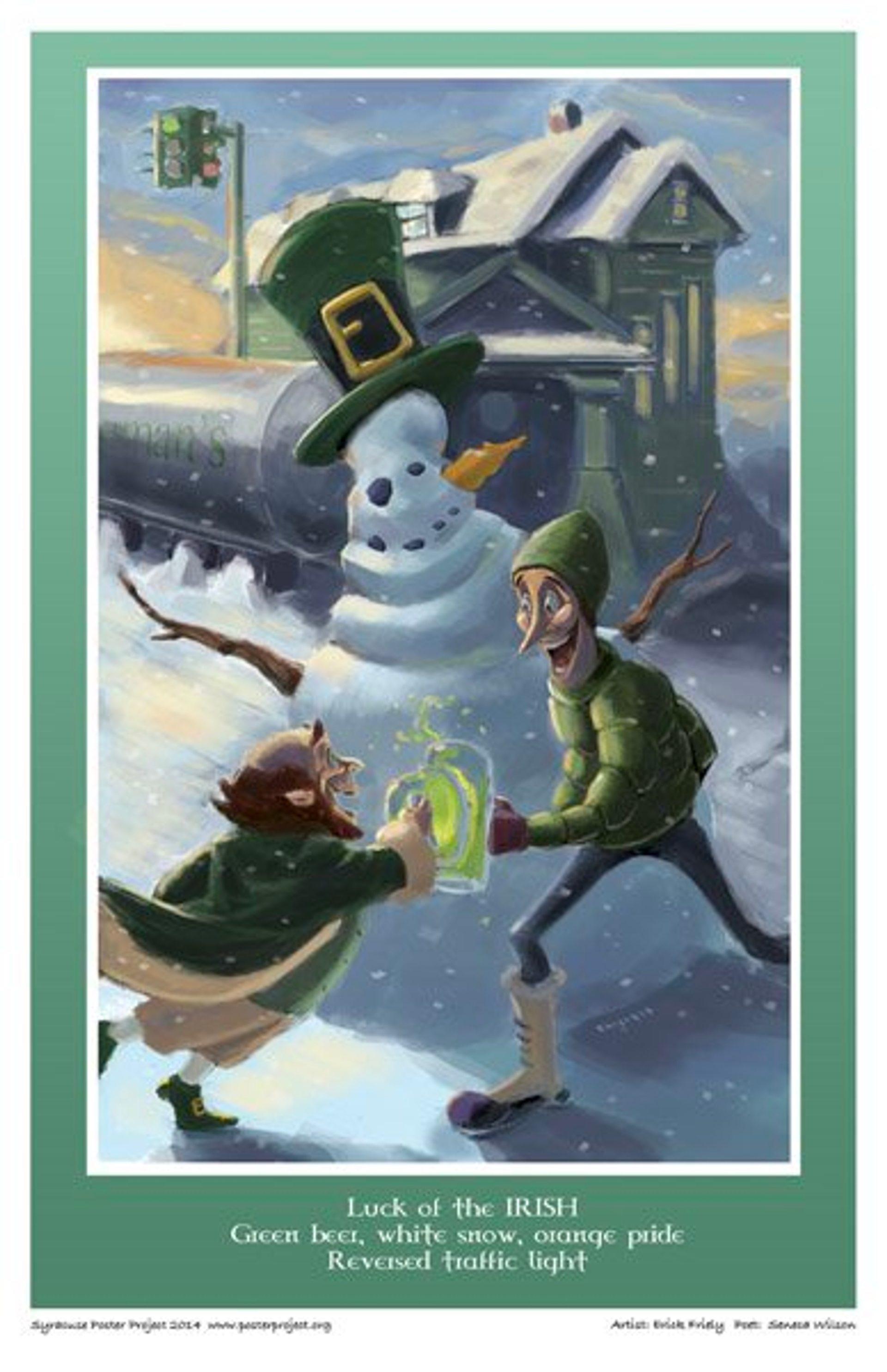 A man and a leprechaun cheers their green beers together in front of a snowman wearing a green top hat