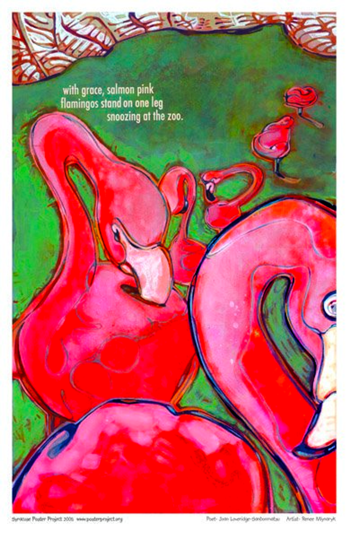 With grace, salmon pink
flamingos stand on one leg
snoozing at the zoo With Grace, Salmon Pink