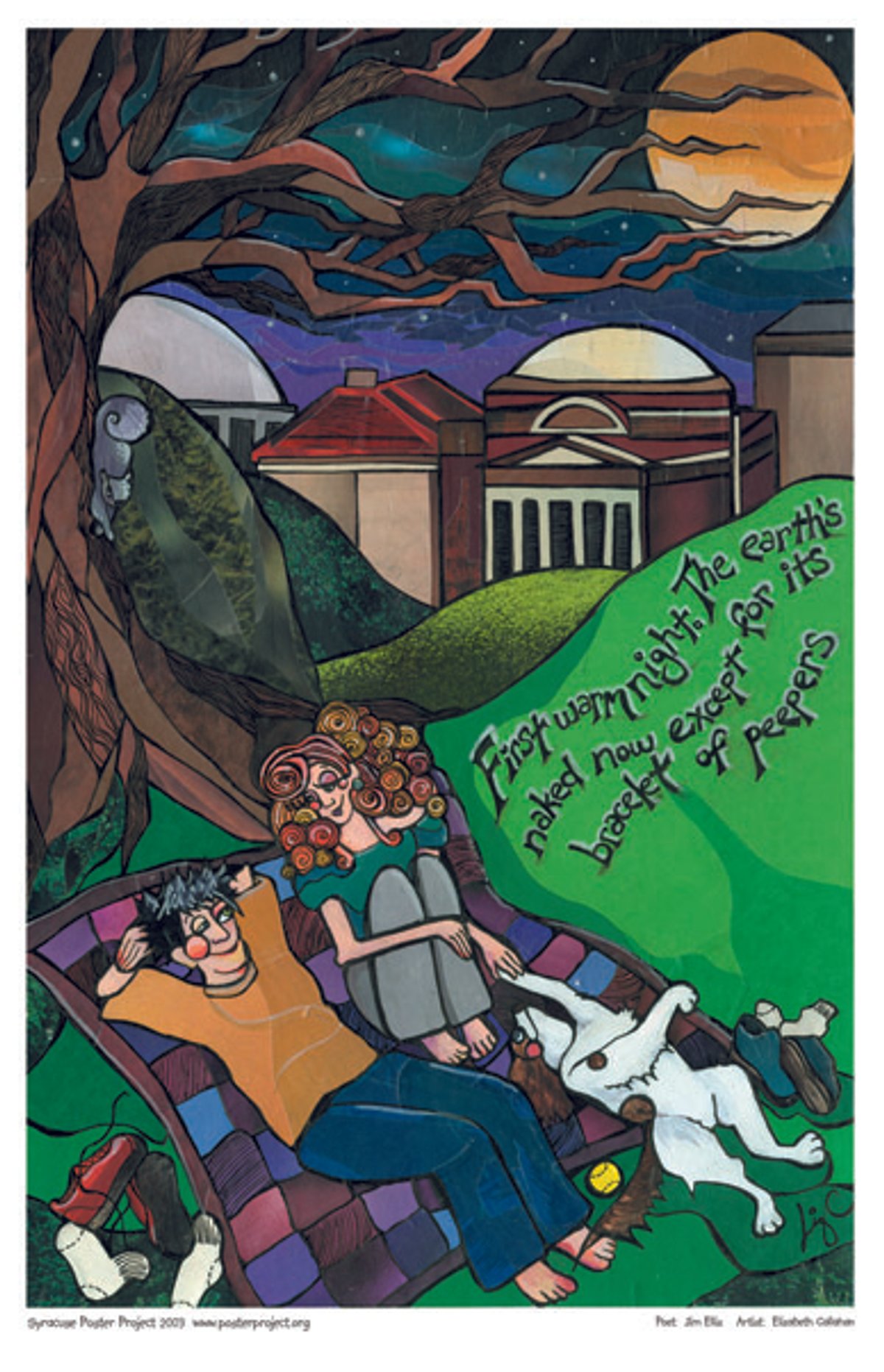A couple with their shoes and socks cast to the side lay next to each other with a small dog on a blanket beneath a tree and a nighttime sky