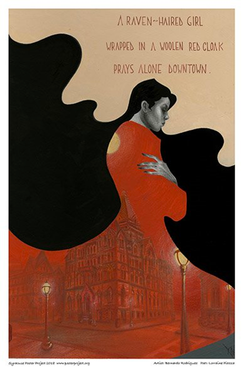 A woman with flowing hair wears a long dress within which is an image of a dimly lit city intersection