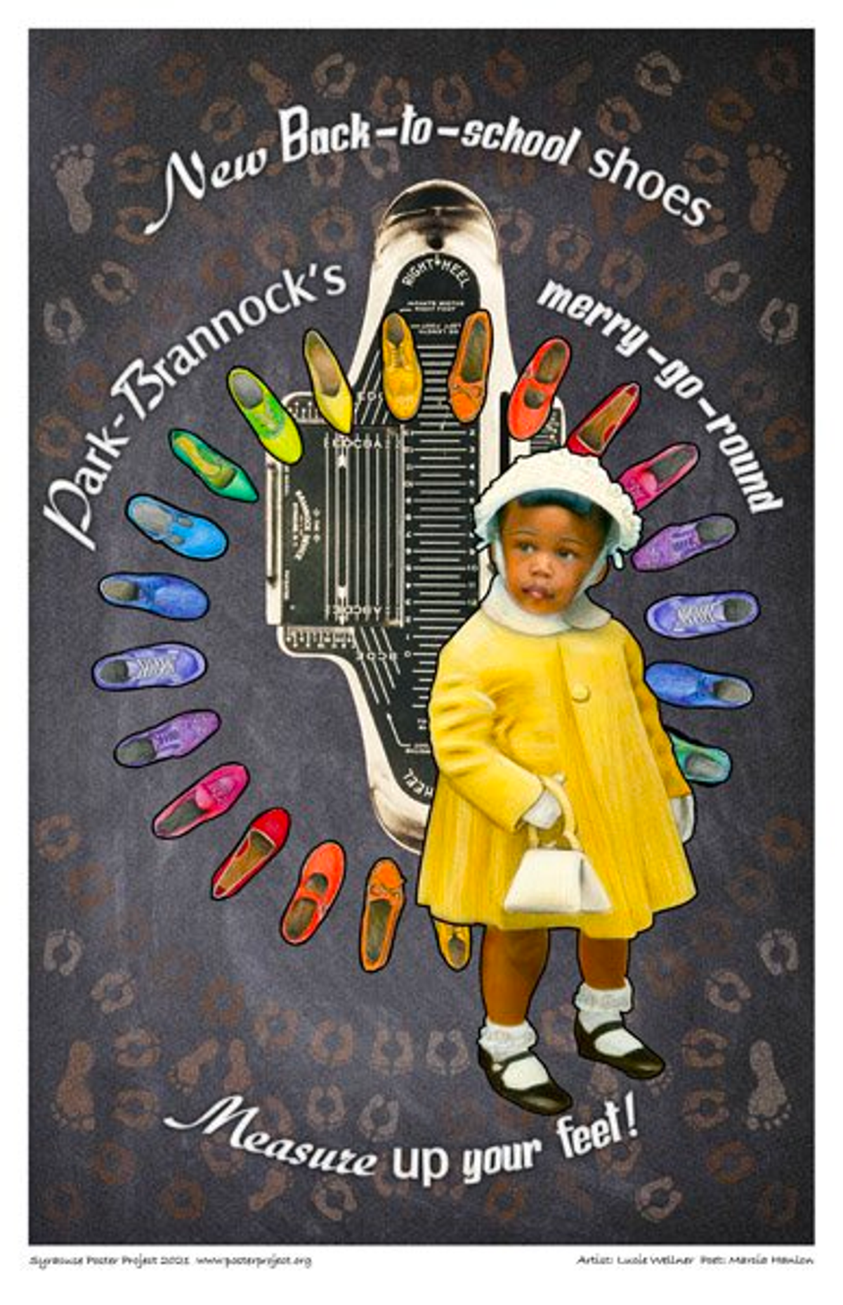 A girl in a yellow jacket, white gloves and hat superimposed over colorful shoes arranged in a circle and an image of a Brannock Device