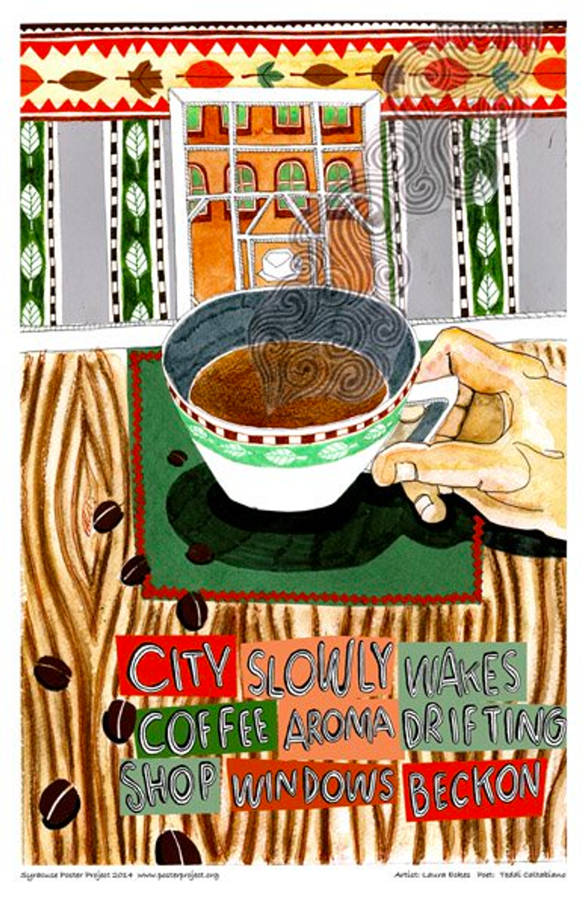 city slowly wakes
coffee aroma drifting
shop windows beckon A hand holds a mug of coffee