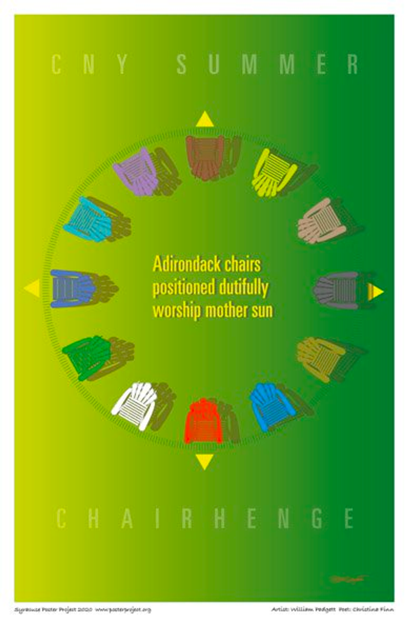 Colorful Adirondack chairs arranged in a circle seen from an overhead view