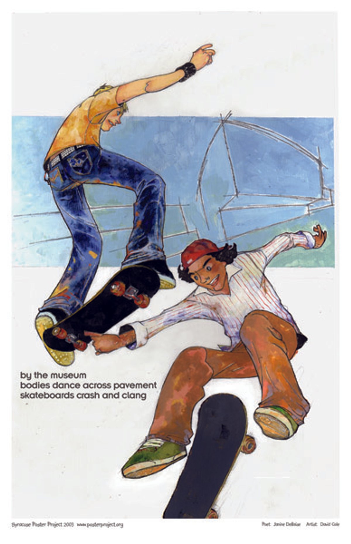 Two skateboarders perform tricks outside a museum