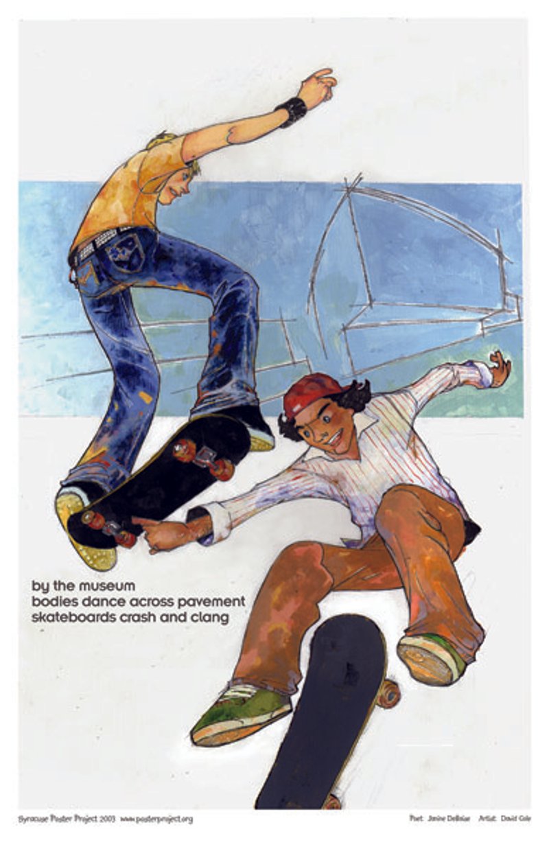 Two skateboarders perform tricks outside a museum