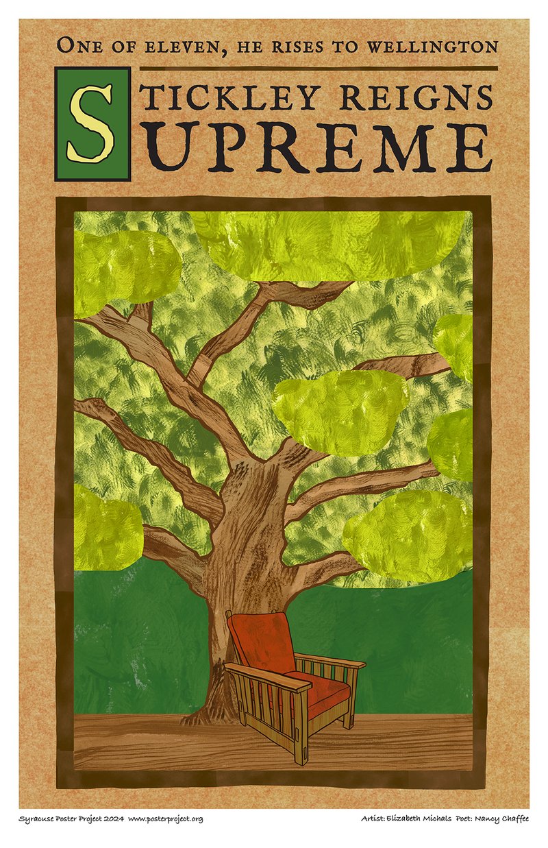 Stickley arm chair beneath oak tree