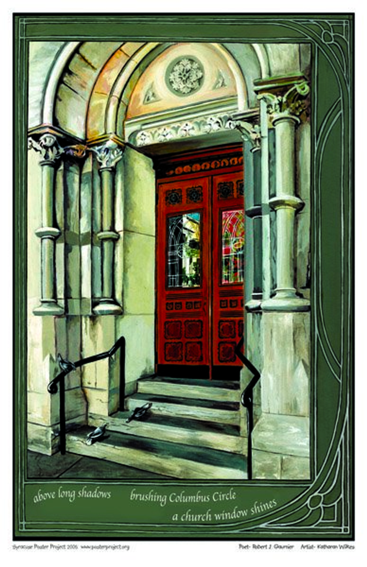 Three pigeons sit on the steps to the doors of a church