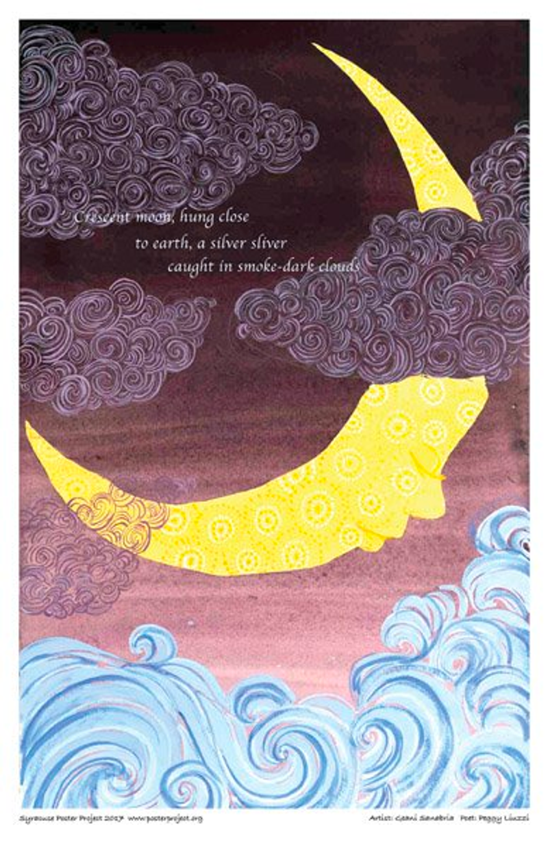 A crescent moon with lips, nose, and closed eyes faces down toward waves below