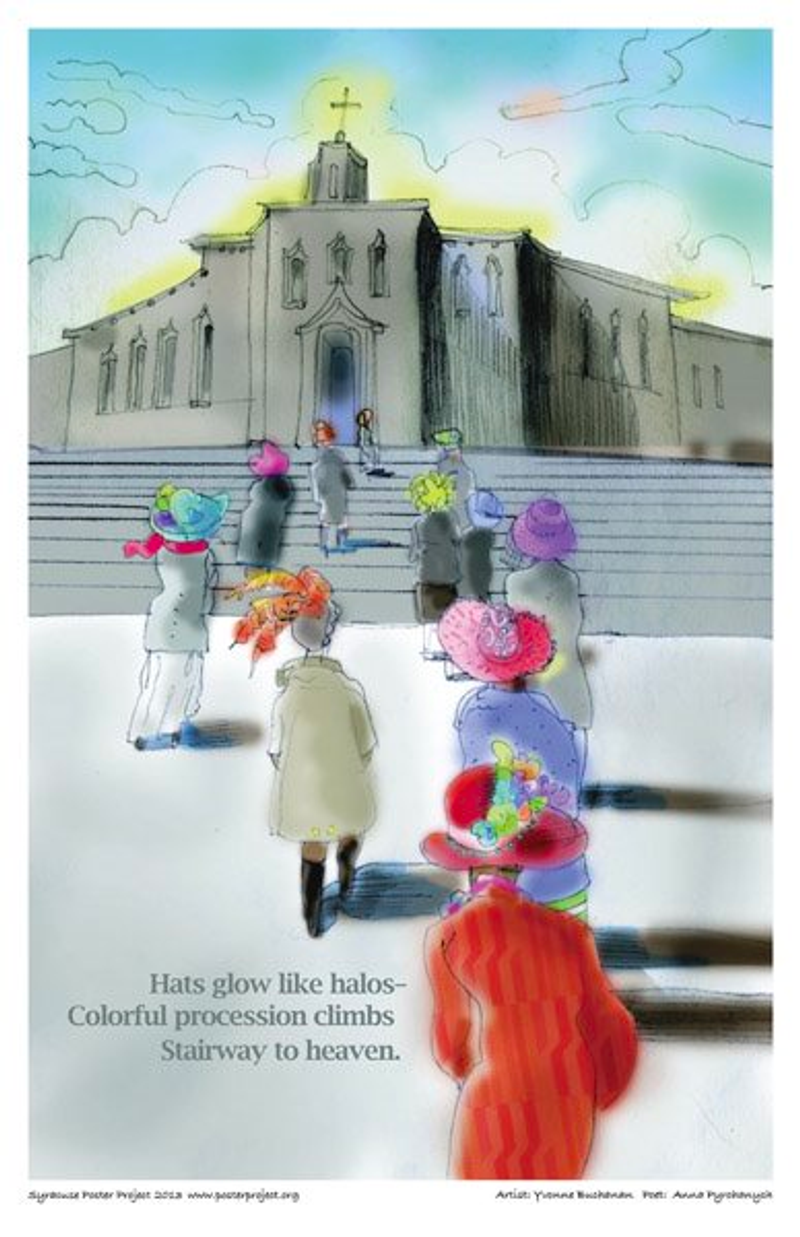 Women in various styles and colors of Easter hats walk up concrete steps to church