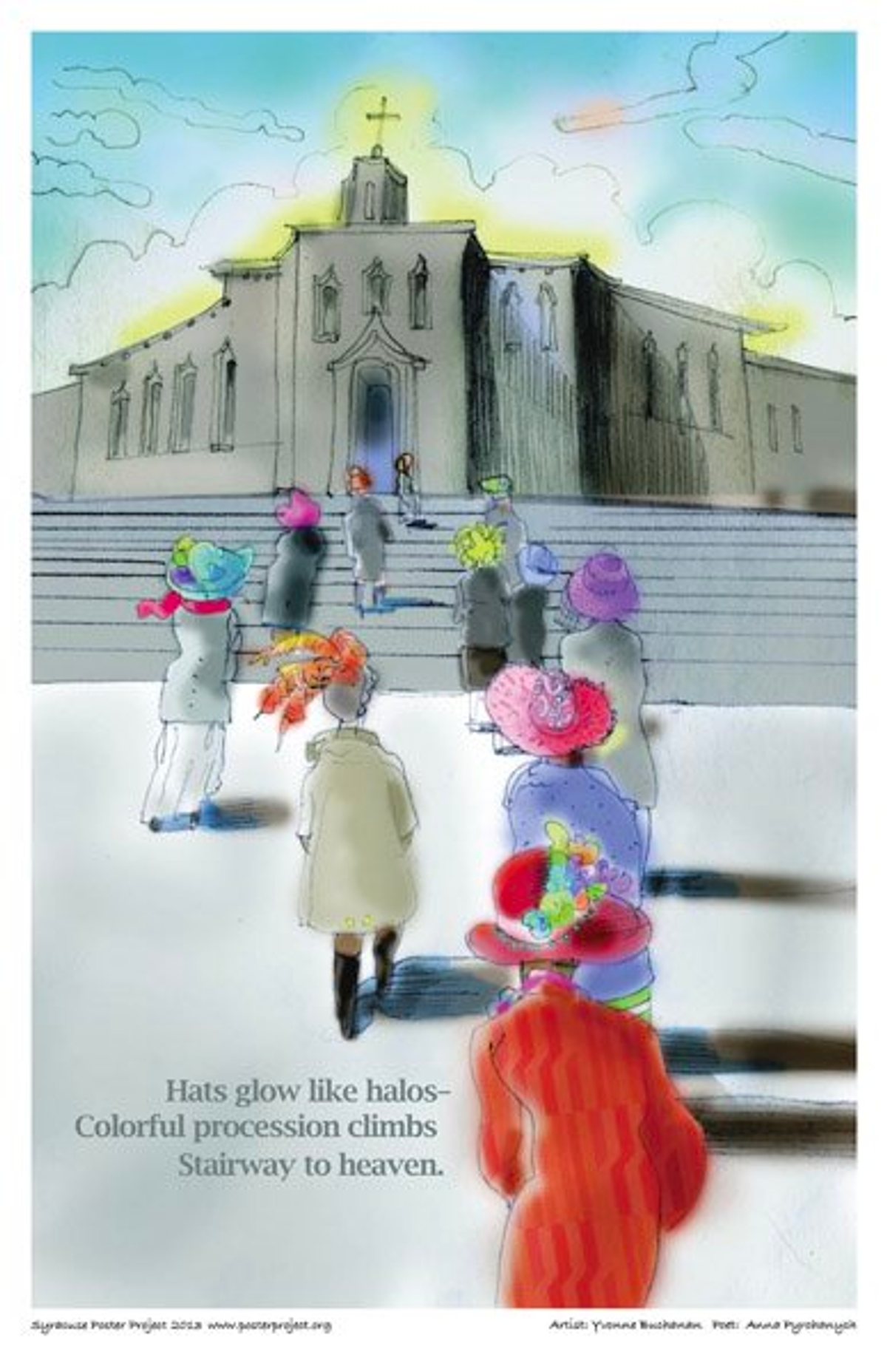 Hats glow like halos
Colorful procession climbs
Stairway to heaven. Women in various styles and colors of Easter hats walk up concrete steps to church