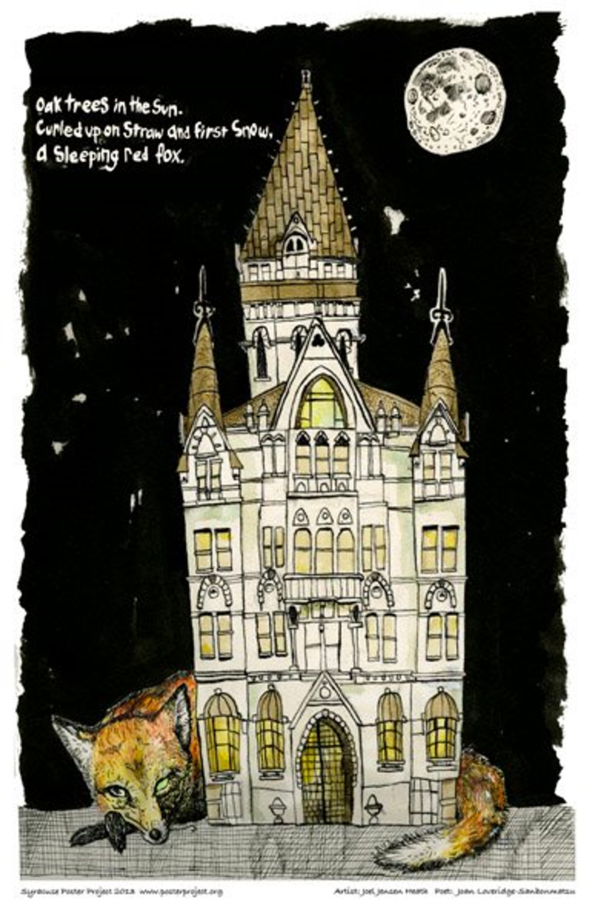 Oak trees in the sun
Curled up on straw and first snow
a sleeping red fox A sleeping fox curls up around a building beneath a full moon and starlit sky