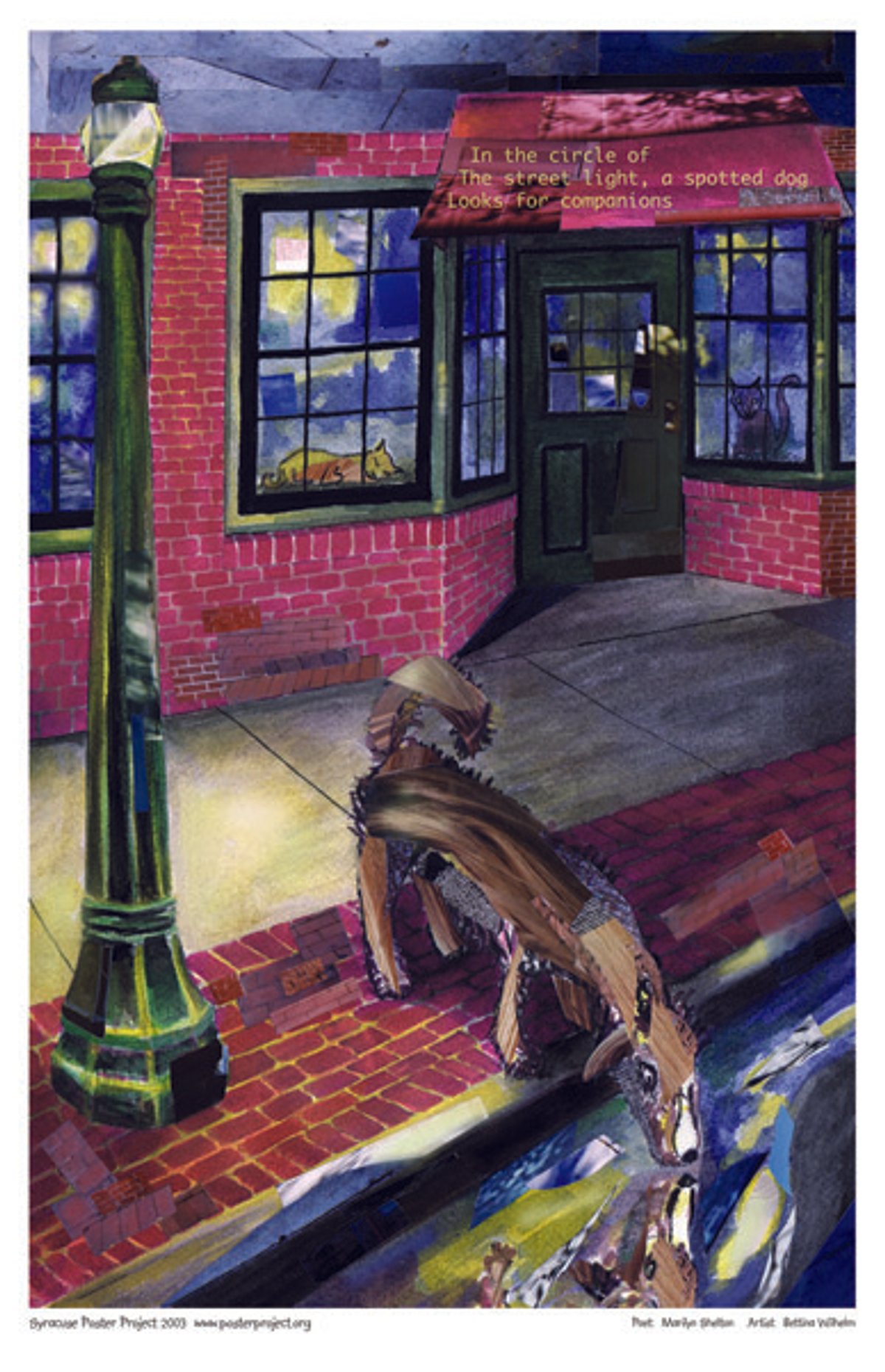 In the circle of
The street light, a spotted dog
Looks for companions A dog looks at its reflection in a streetside puddle as two cats watch through a nearby shop window