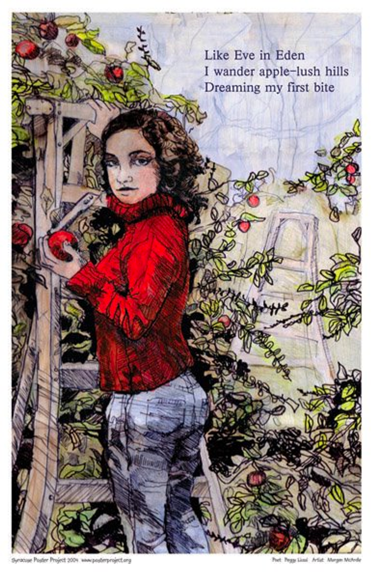 Like Eve in Eden
I wander apple—lush hills
dreaming my first bite A woman climbs a wooden ladder to pick apples from a tree