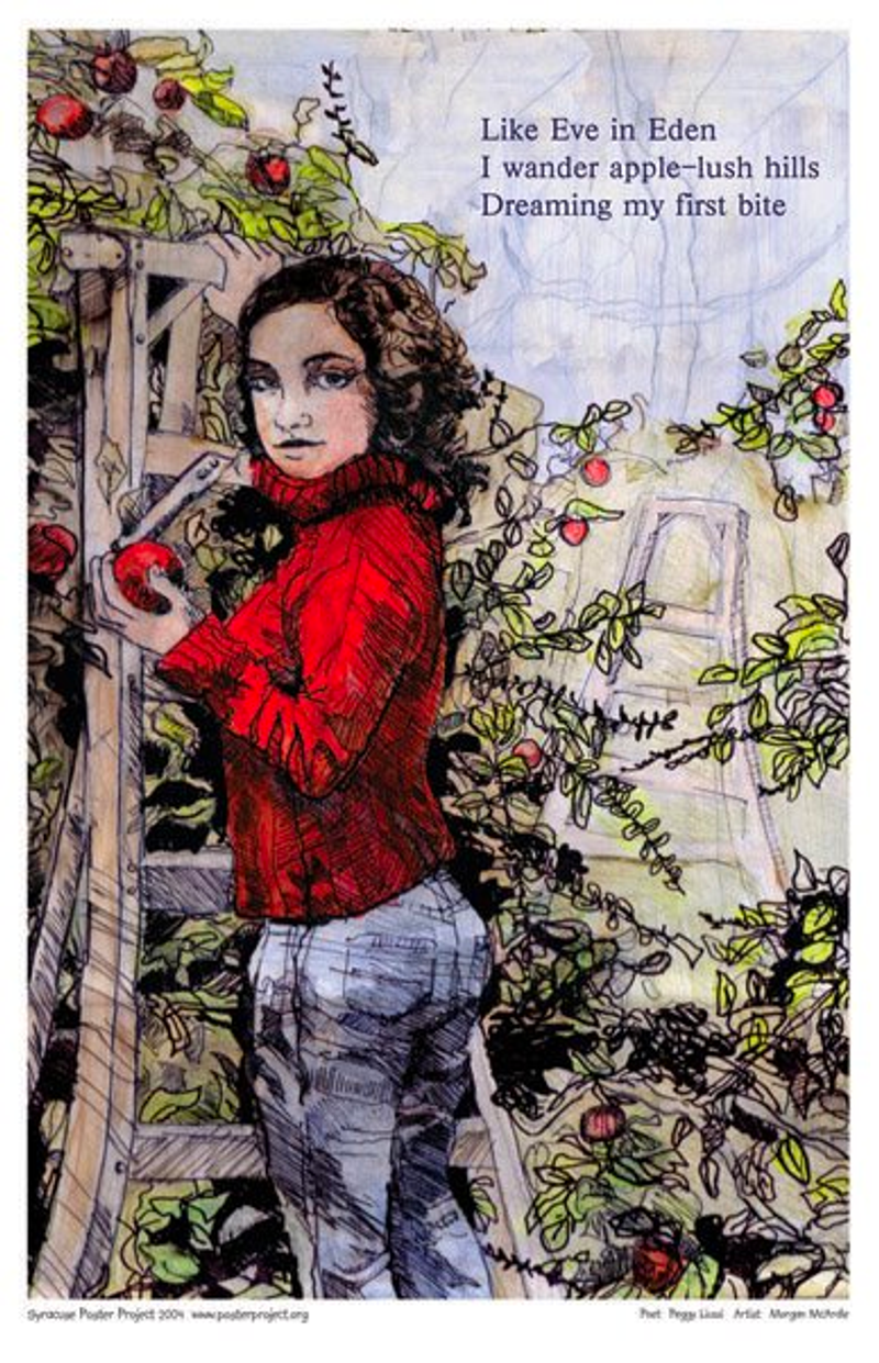 A woman climbs a wooden ladder to pick apples from a tree