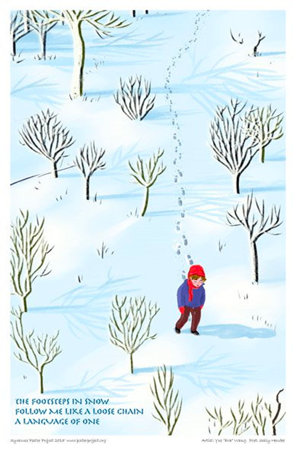 A boy leaves a trail of footprints in the snow as he walks through a patch of small trees