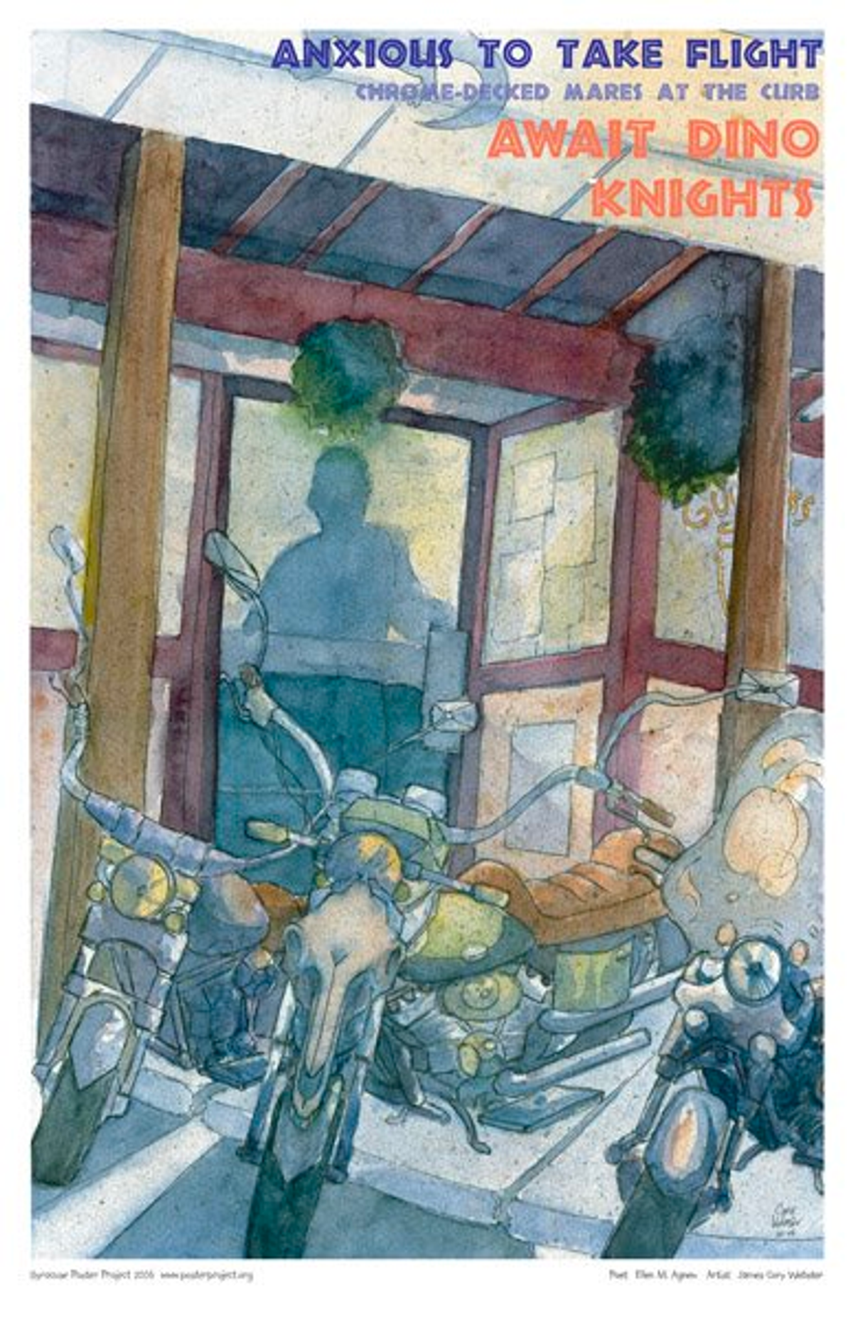 Anxious to take flight,
chrome decked mares at the curb
await Dino knights Three motorcycles parked outside a restaurant entrance