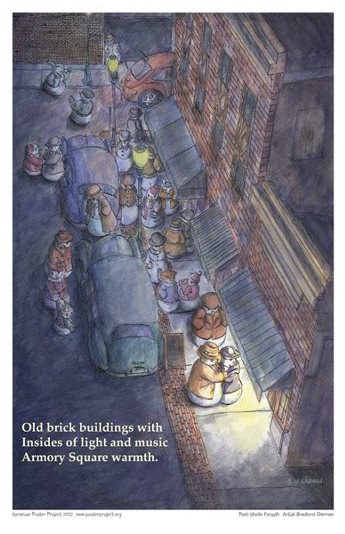Old brick buildings with
Insides of light and music
Amory Square warmth Snowmen roam about a city sidewalk at nighttime