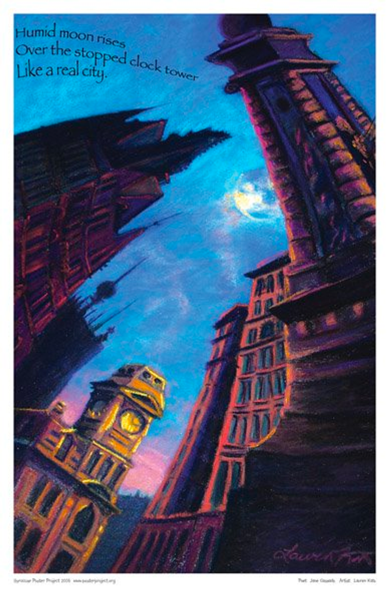 View from a city sidewalk looking above at three tall city buildings and a bright moon partially shrouded by clouds