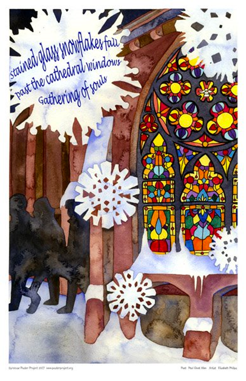 Large snowflakes fall in front of a cathedral's stained glass window