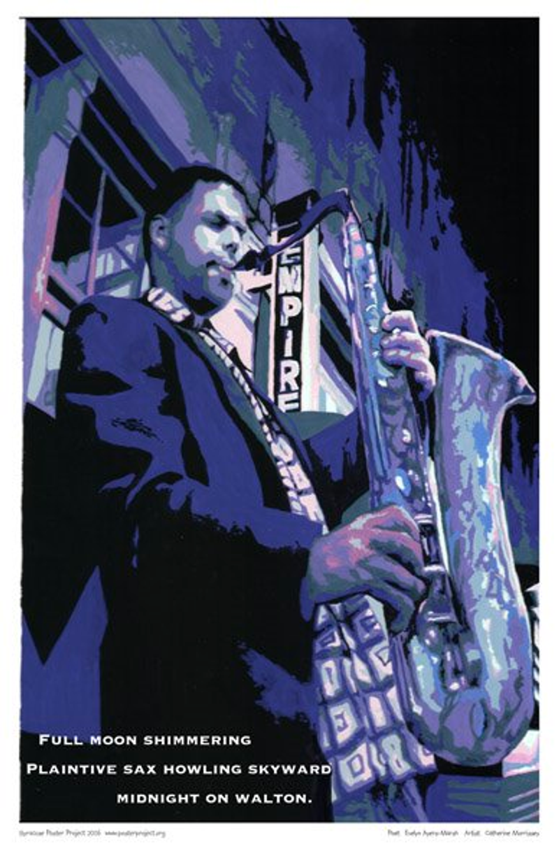 A man plays saxophone outside a city bar at night