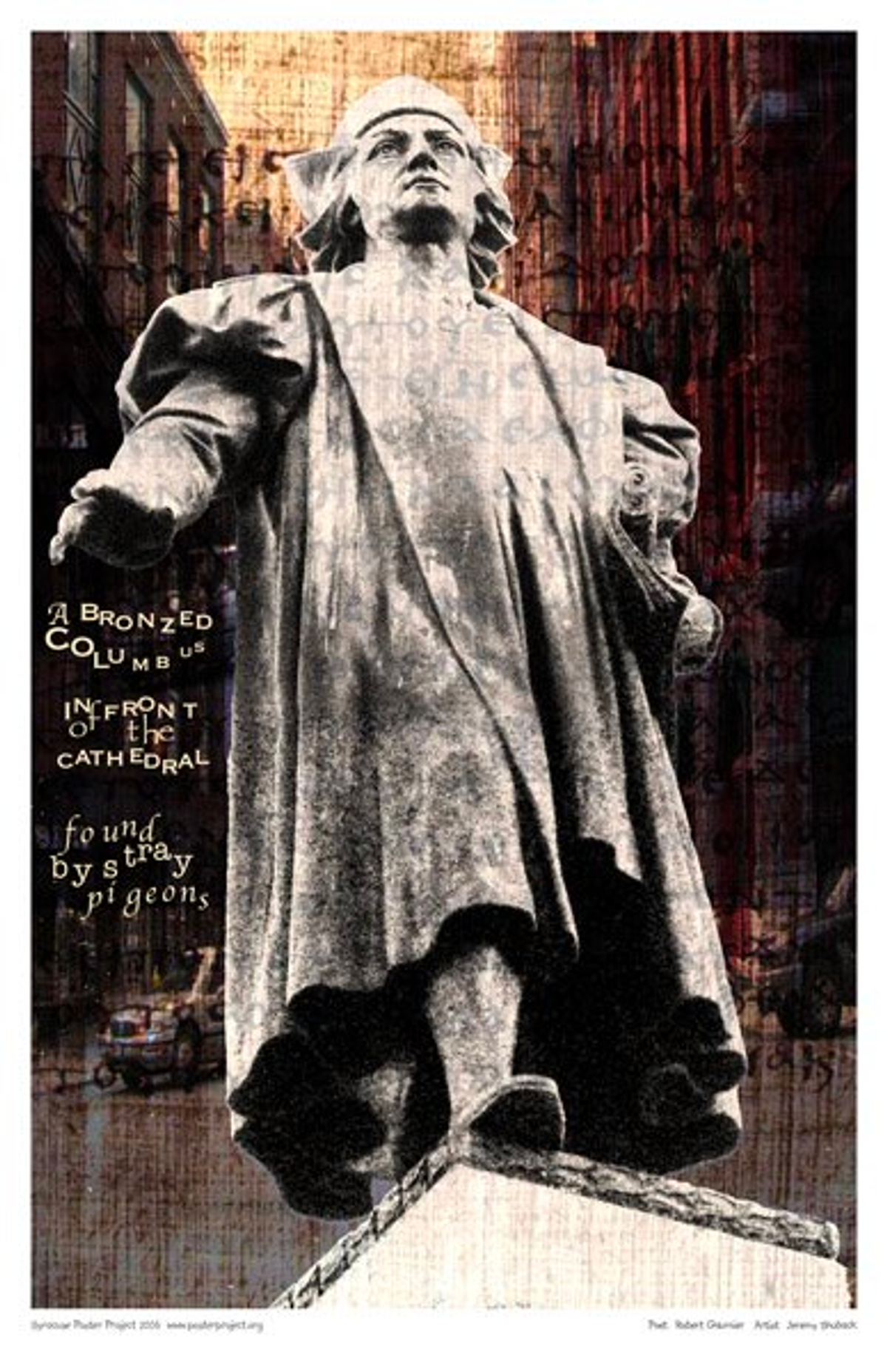 A bronzed Columbus
in front of the Cathedral
found by stray pigeons A Bronzed Columbus