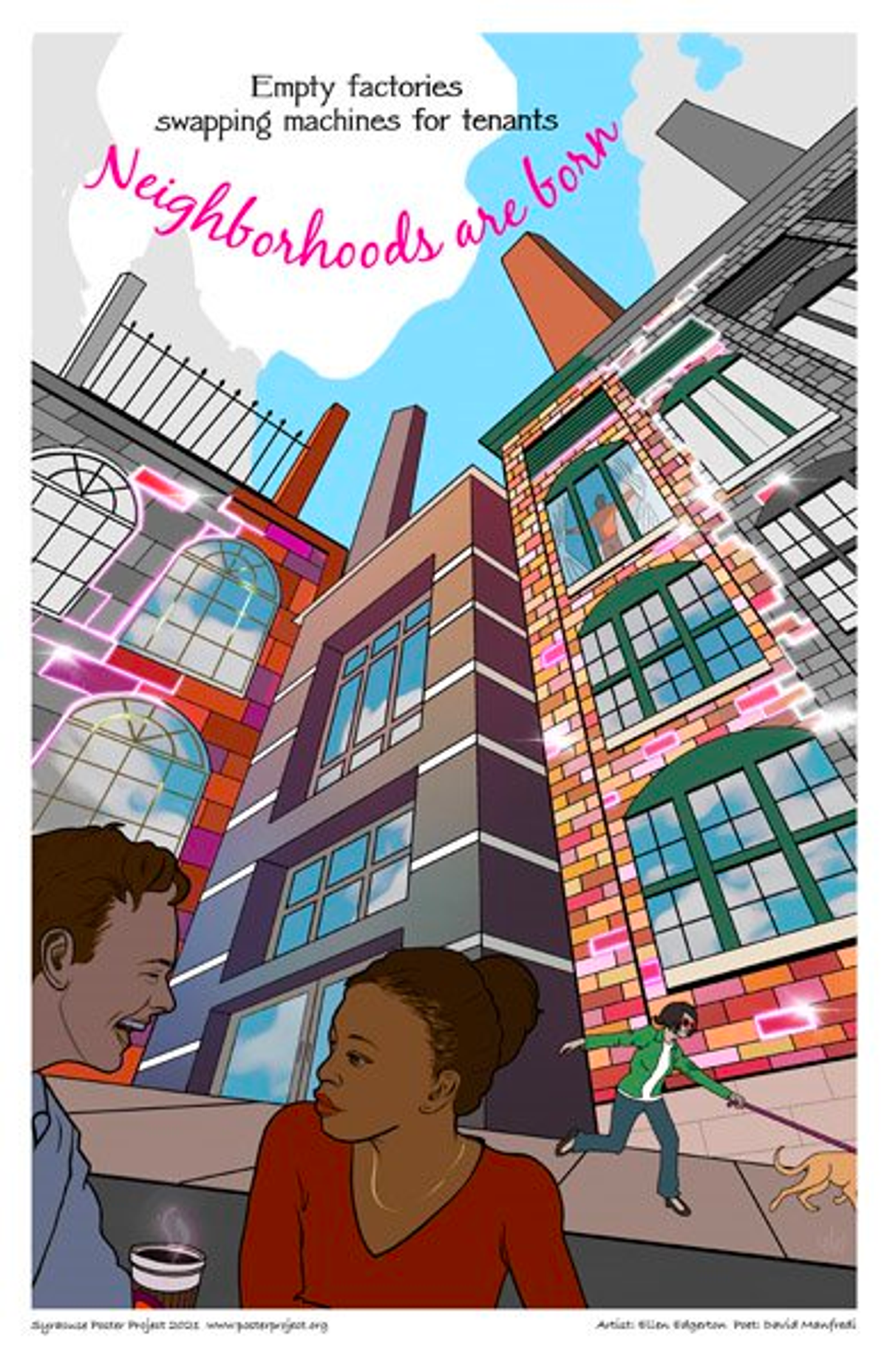 Empty factories
Swapping machines for tenants
Neighborhoods are born Two people talk over a cup of coffee at a sidewalk café