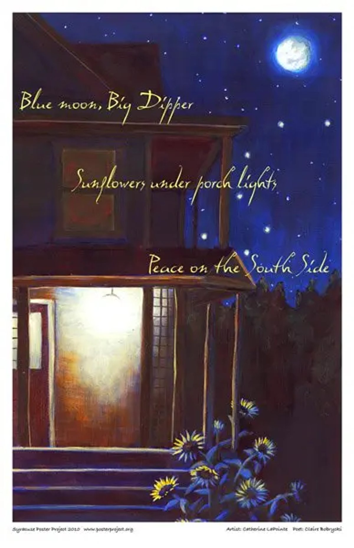 A porch light shines against nearby sunflowers beneath a night sky