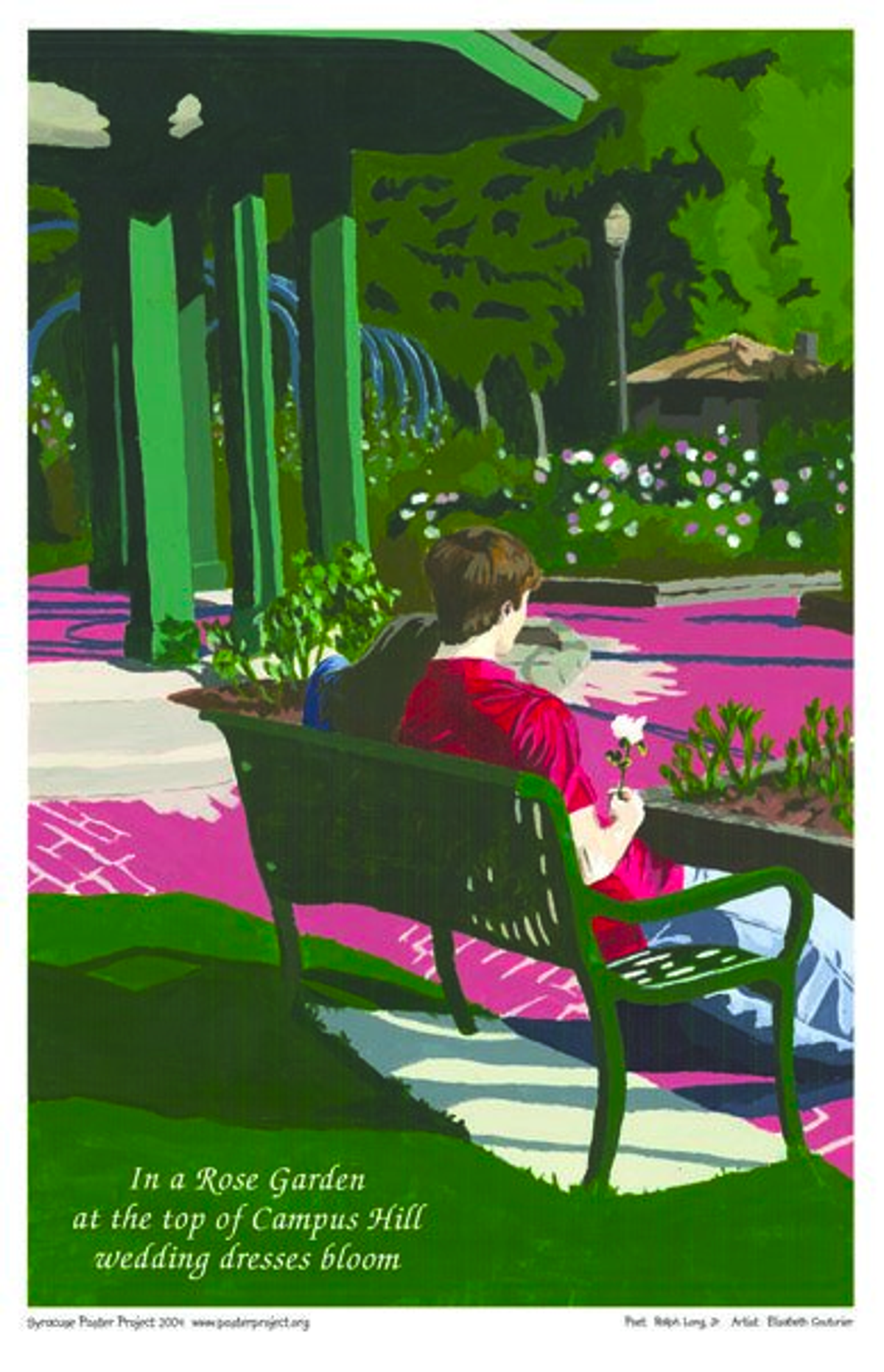 A couple sit on a bench in a rose garden, the woman resting her head on her partner's shoulder and the man holding a white rose