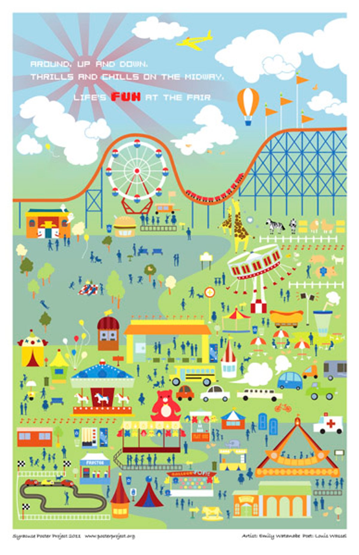 Around, up and down
Thrills and chills on the midway.
Life's fun at the Fair. Graphic representation of the New York State Fair
