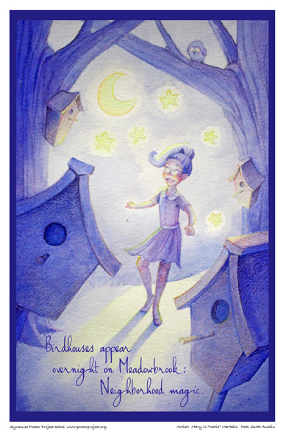 Bird houses appeared
overnight on Meadowbrook:
Neighborhood magic A young girl walks at nighttime surrounded by birdhouses in nearby trees