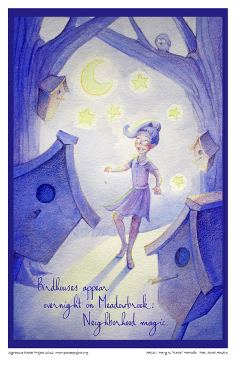 A young girl walks at nighttime surrounded by birdhouses in nearby trees