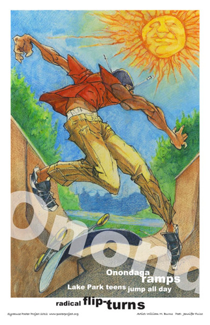 Skateboarder in half-pipe beneath a blazing sun