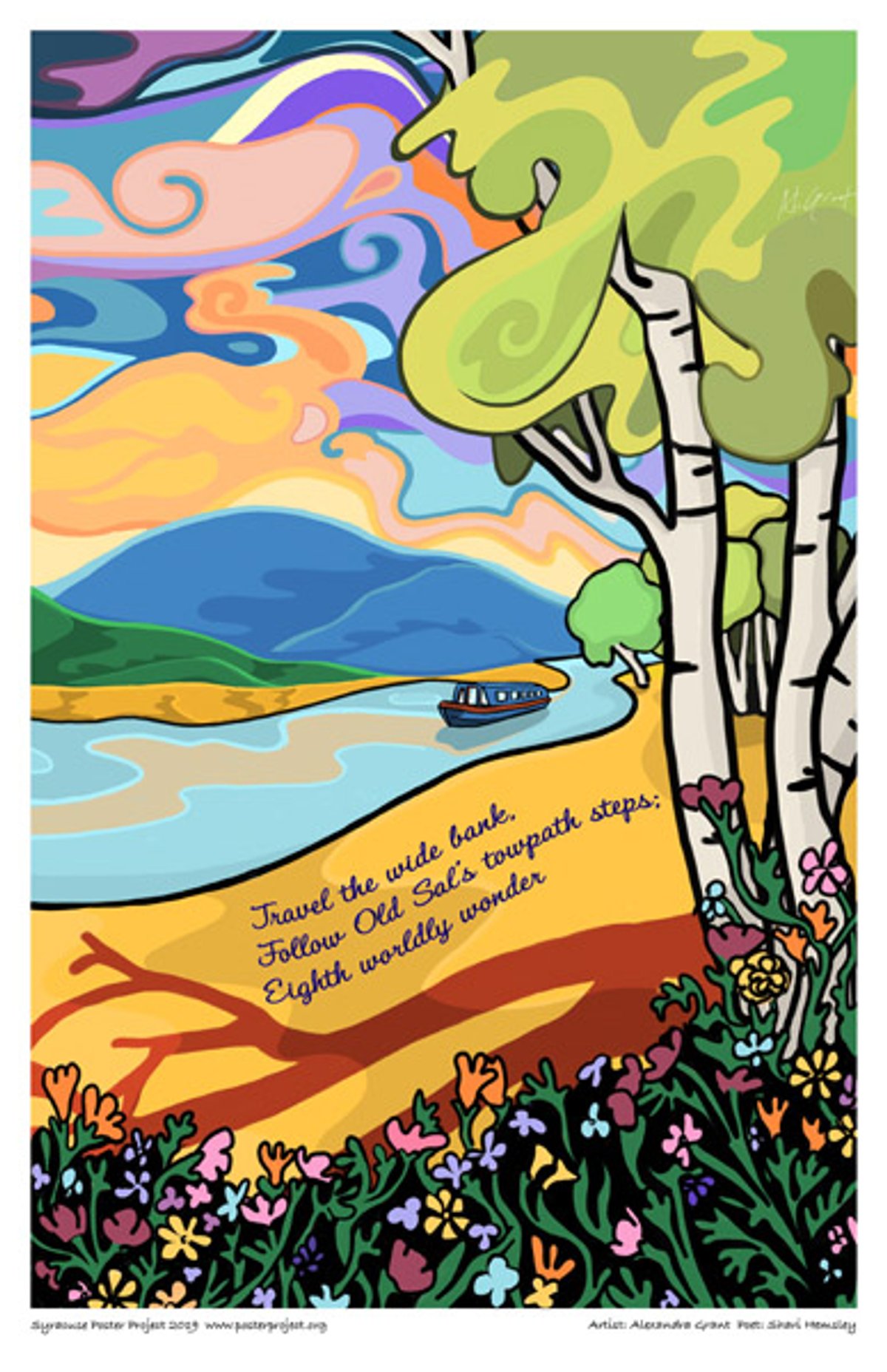 Travel the wide bank,
Follow Old Sal's towpath steps;
Eighth worldly wonder A small ship on a canal beneath a colorful sky
