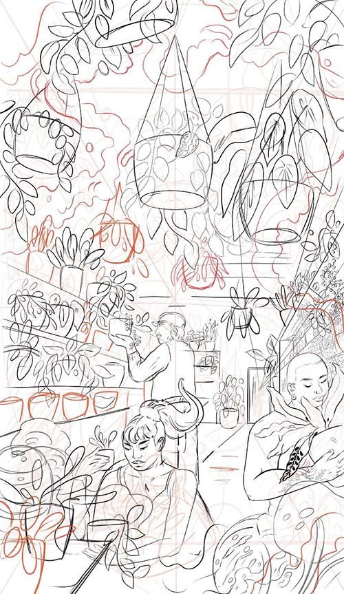 Line drawing of people shopping for plants at Found Things Plant Shop in Eastwood