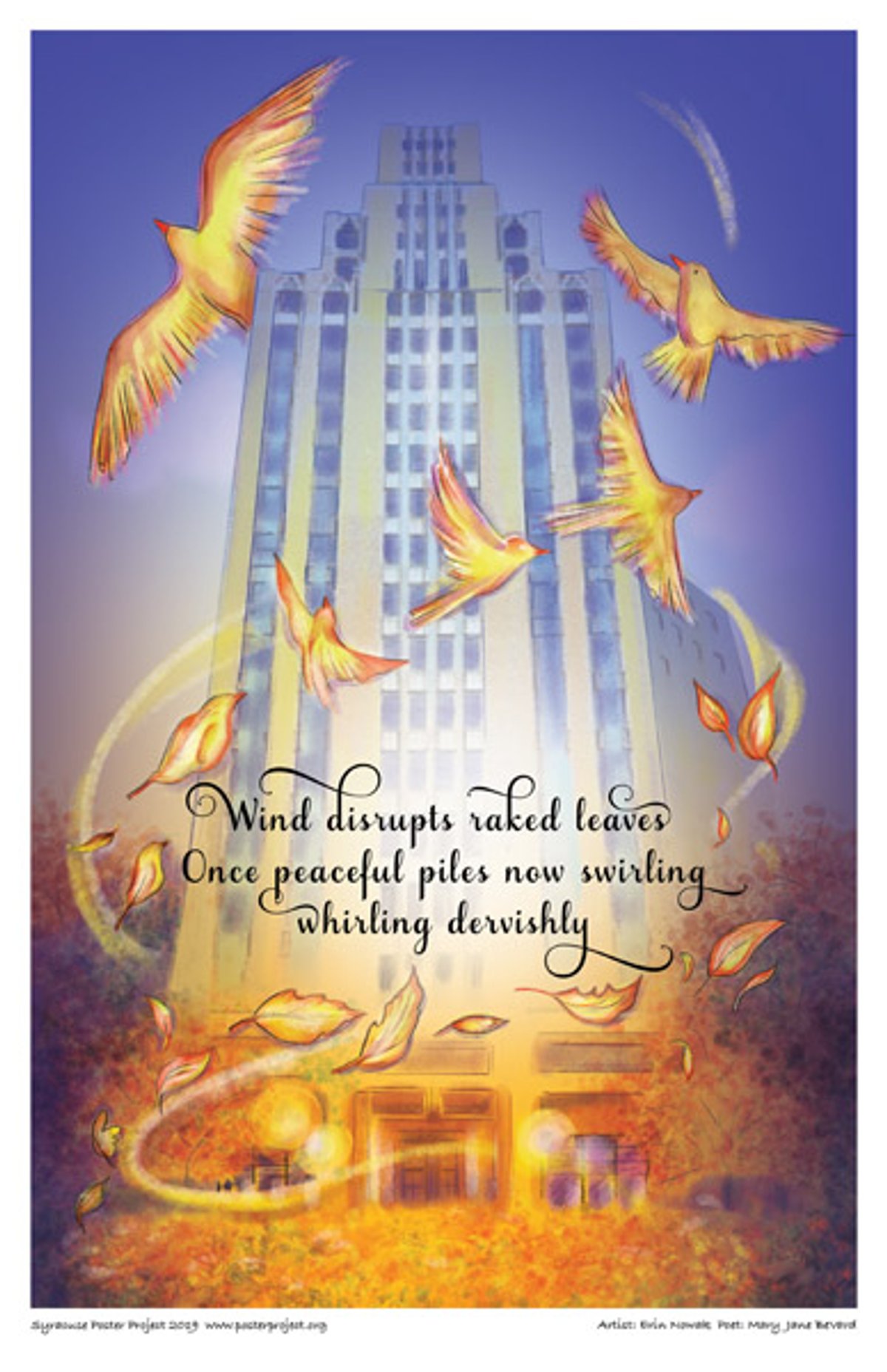 Wind disrupts raked leaves
Once peaceful piles now swirling
whirling dervishly
Illustration of Syracuse's State Tower building depicted with autumn leaves swirling up in front of it turning into birds