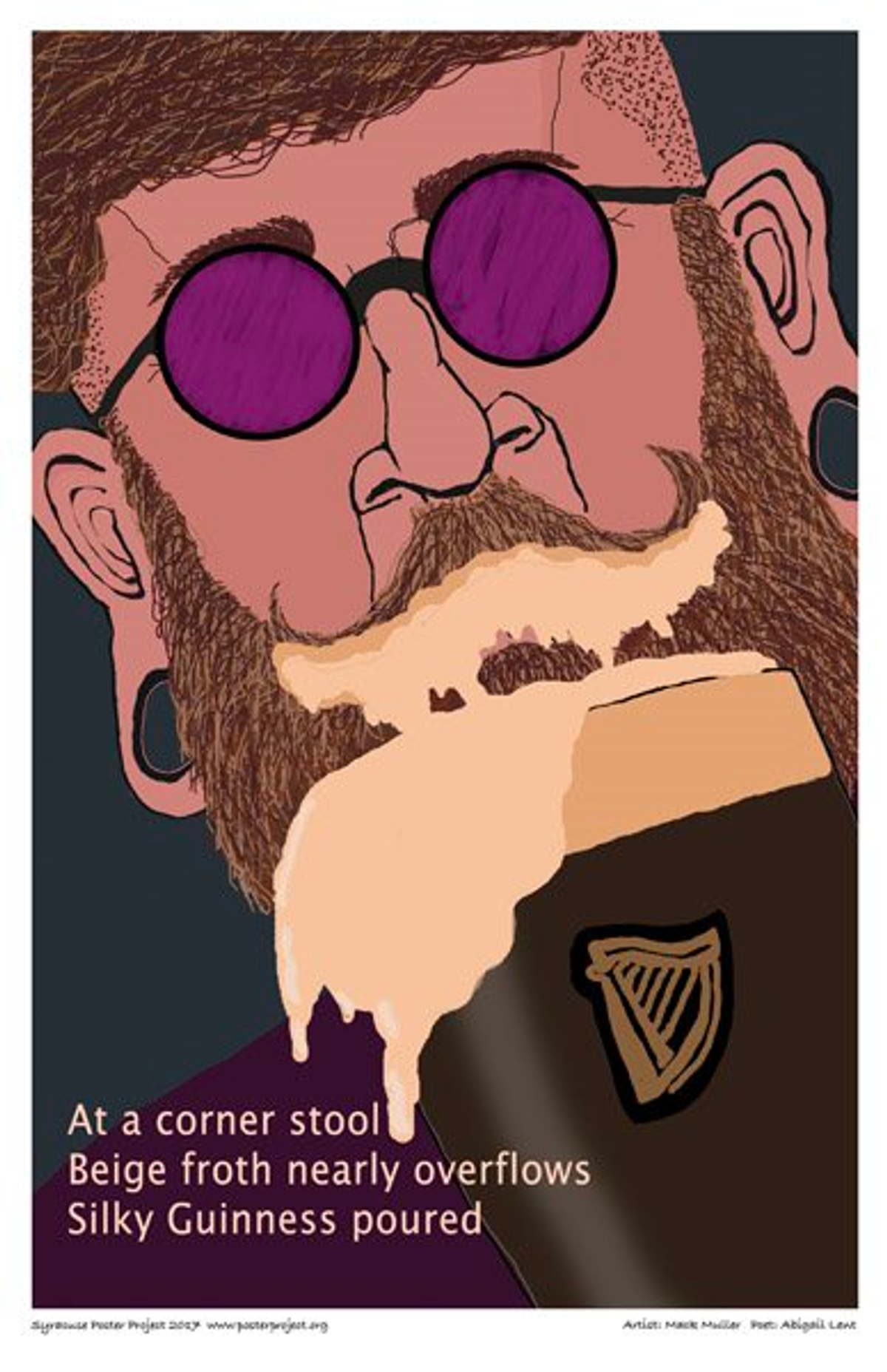 A man wears a beer mustache and holds a foamy glass of Guinness 